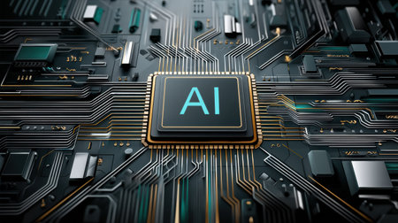 Centralized microchip marked with AI label is set against a sleek minimal tech background, emphasizing advancements in artificial intelligence and computing.の素材