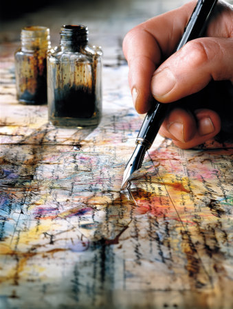 A hand writes over an oil-stained map, reflecting a blend of artistry and exploration, with ink bottles nearby highlighting the creative process.の素材