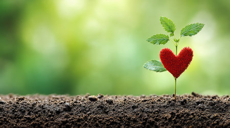 A vibrant heart-shaped plant emerges from the dark, fertile soil, basking in the warm sunlight, representing love and growth in natures embrace.の素材