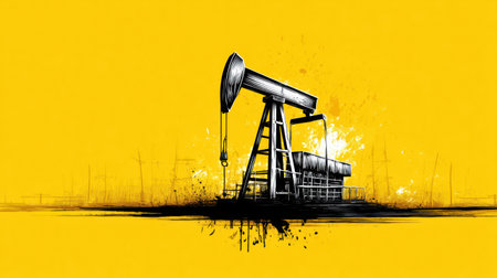 Energetic depiction of a pumpjack icon in pop-art style, emphasizing the process of oil extraction set against a vibrant yellow backdrop.の素材