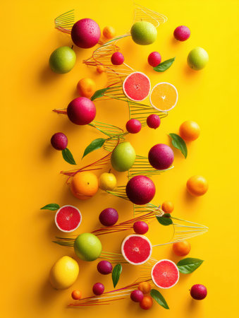 Colorful fruits including citrus and berries are artistically arranged in a spiral design resembling DNA, set against a vivid yellow backdrop.の素材