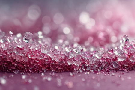 Close-up view of sparkling sugar crystals scattered on a soft pink surface, showing their unique shapes and shimmering reflections under light.の素材