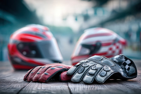 Racing gloves and helmets rest on a wooden table as preparations for an upcoming motorsport race unfold in a vibrant setting.の素材
