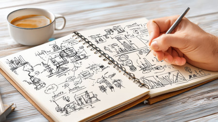 A hand is sketching business plans in a notebook, surrounded by drawings and notes, with a cup of coffee nearby in a relaxed workspace setting.の素材
