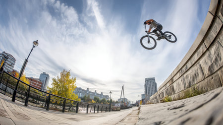 BMX biker executes a mid-air flip above a stone ledge against a dynamic urban skyline while enjoying a sunny afternoon.の素材