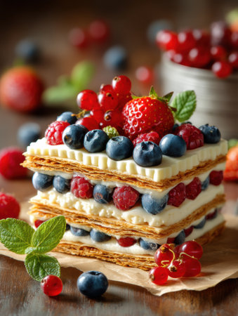 Creamy mille-feuille slice layered with fresh strawberries, blueberries, and raspberries rests on brown paper, showing vibrant colors and textures.の素材