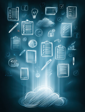 A checklist focusing on healthy goals floats amidst a radiant cloud of various icons, symbolizing wellness, productivity, and personal growth strategies.の素材