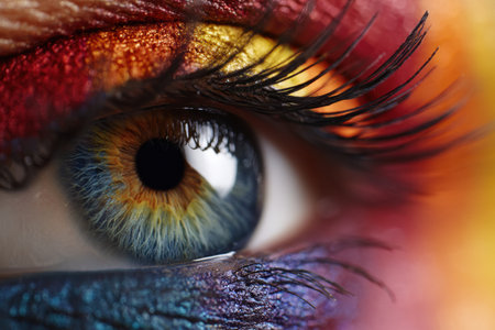 This close-up of a human eye highlights vibrant makeup colors and reflections, enhancing its artistic beauty and creativity.の素材