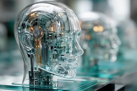 Detailed robot head with transparent casing showcases artificial intelligence core in an innovative technology exhibition highlighting advancements in robotics.の素材
