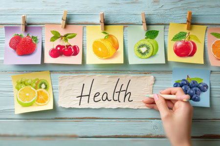 A hand is writing health on a paper while various fruit stickers are pinned on a pastel board, showing colorful illustrations of fresh fruits.の素材