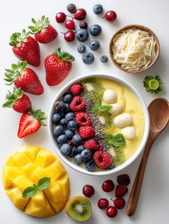 Vibrant smoothie bowl showcases a blend of tropical fruits and vitamins, artistically arranged with fresh strawberries, blueberries, and bananas.の素材
