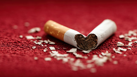 A cigarette stub shaped like a heart on a red background powerfully symbolizes health destruction and addiction.の素材