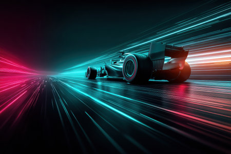 A futuristic race car accelerates on a neon track, generating vibrant glowing trails against a dark night background, illustrating high-speed movement.の素材