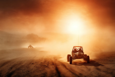 Racers maneuver sand dune buggies through a dusty desert as the sun sets, casting a warm glow and enhancing the thrill of the competition.の素材