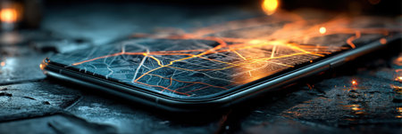 Digital map on smartphone screen glows brightly in darkness, highlighting GPS route with vivid colors against a moody backdrop.の素材