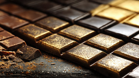 Close-up of a chocolate bar broken into squares, showing a shiny surface with textured patterns and golden highlights, surrounded by cocoa powder.の素材