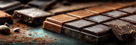 Close-up of a chocolate bar broken into squares with a glossy surface and detailed texture, set against a backdrop of scattered cocoa elements.の素材