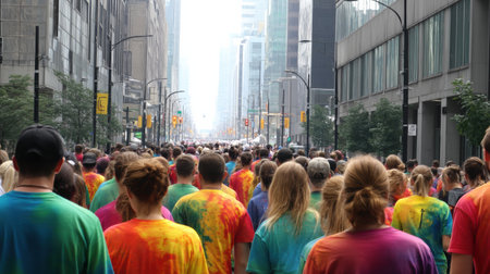 A diverse group of runners in bright, tie-dye shirts moves energetically down a bustling city street surrounded by tall buildings under a cloudy skyの素材