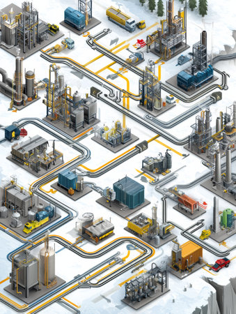 Isometric refinery layout highlights industrial units linked by animated arrows, depicting operations in a snowy setting.の素材