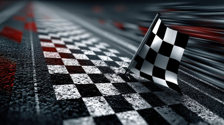 The minimal racetrack features a finish line marked by a classic checkerboard flag that appears to be in motion, conveying excitement and speed.の素材