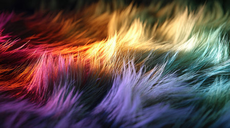 Furry fabric showcases a mix of vibrant colors illuminated by gentle rainbow lighting, creating a playful and inviting atmosphere in an indoor environment.の素材