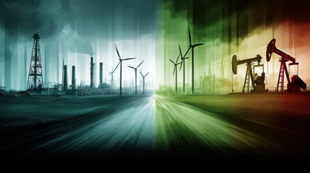The split-screen highlights the contrast between green energy, like wind turbines, and petroleum infrastructure, showing modern energy dynamics.の素材