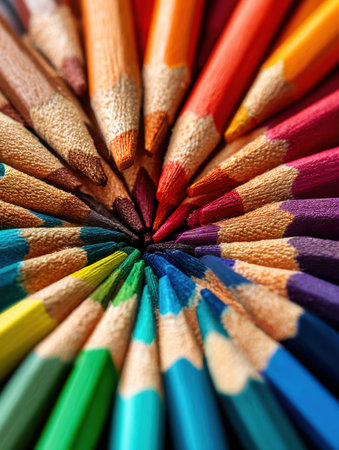 Close-up view of colorful pencil tips organized in a circular layout, highlighting a spectrum of vibrant colors perfect for art and creativity.の素材