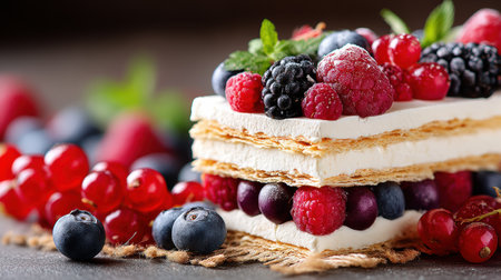 Savor the rich texture of a mille-feuille slice, featuring creamy layers and a vibrant assortment of fresh berries, presented beautifully on a wooden table.の素材