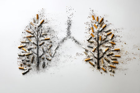 Lungs are artistically formed using cigarette butts and ash, reflecting the impact of smoking on health and the environment while conveying a message of decay.の素材