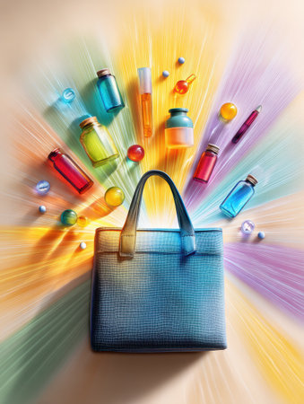 A doctor bag filled with various wellness items emits colorful rays, symbolizing health and self-care. Each item contributes to holistic well-being.の素材