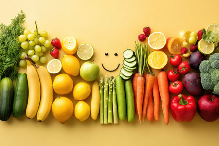 A vibrant assortment of fruits and veggies forms a smiling face, highlighting the value of nutrition and healthy eating.の素材