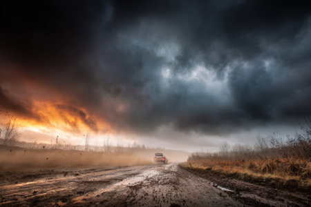 Rally car expertly navigates a muddy road as dark clouds gather overhead, creating a striking contrast with the vibrant sunset in the background.の素材