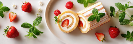Swiss roll cake is beautifully sliced to showcase layers of strawberry filling and creamy texture, surrounded by fresh strawberries and mint leaves.の素材