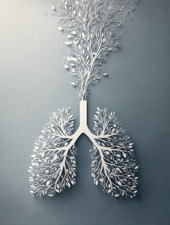 Paper-cut styled lungs transform into wisps of smoke, symbolizing the impact of health choices on the environment in a modern and thought-provoking design.の素材
