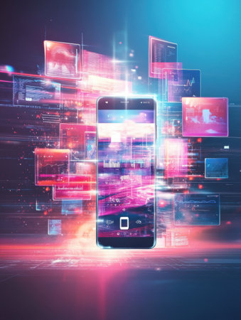 A smartphone showcases an array of dynamic multimedia elements, with colorful graphics and data flowing around it, creating a modern digital environment.の素材