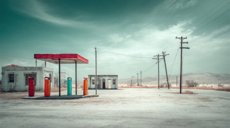 An old fuel station in a desert setting displays vibrant colors and a serene atmosphere, surrounded by empty buildings and distant mountains.の素材