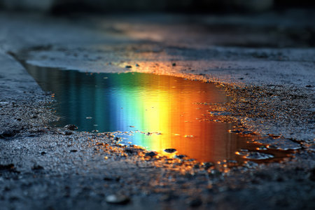 Close-up of a shimmering oil puddle reflecting a brilliant spectrum of colors on the asphalt surface, showing natures beauty after a rain.の素材