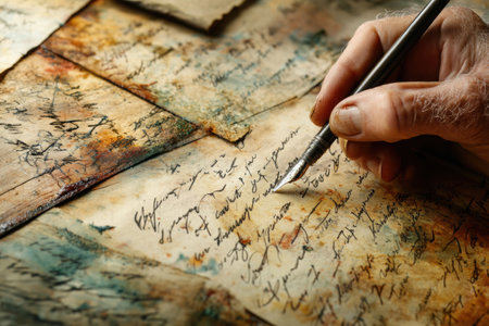 Symbolic exploration through elegant handwriting on an oil-stained map conveys the essence of adventure and discovery in historical and personal journeys.の素材