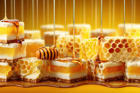 Discover a tempting honeycomb dessert displayed vibrantly with thick honey drizzling down, inviting indulgence in a warm, sunny atmosphere.の素材