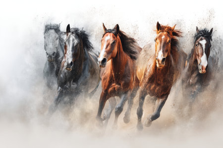 Majestic horses rush forward, kicking up dust as they gallop in a traditional race, showcasing speed and power against a backdrop of rural landscapeの素材