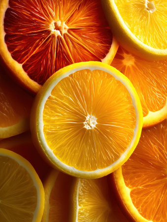 Juicy slices of various citrus fruits display vivid colors and textures, illuminated beautifully to highlight their freshness and vibrant appeal.の素材