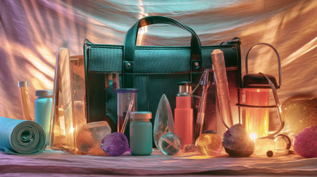 A doctor bag illuminates with vibrant wellness items and healing crystals, creating a serene atmosphere filled with soothing colors and positive energy.の素材