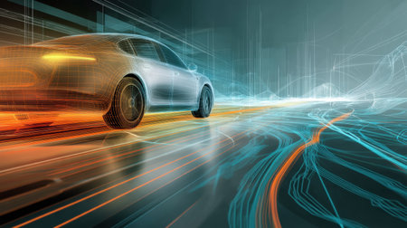 A self-driving car maneuvers through a futuristic cityscape, enhanced by a vibrant LIDAR overlay creating glowing lines and patterns around it.の素材