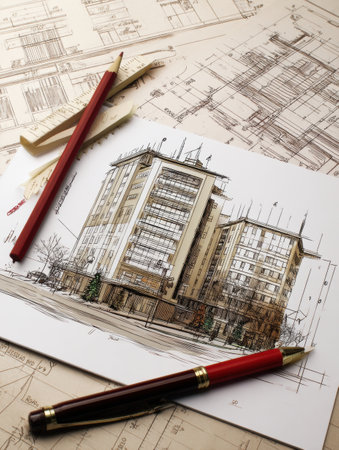 Detailed renovation sketch with plans highlights innovative design ideas, perfect for architects and construction firms seeking inspiration and collaboration.の素材