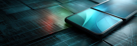 A foldable dual-screen smartphone rests on a futuristic tech grid background, highlighting sleek design and advanced display capabilities for users.の素材