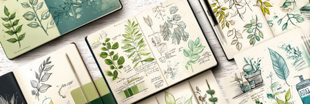 A vibrant wellness journal displays intricate leaf designs and illustrations of healthy meals, inviting readers to engage in mindful living and creativity.の素材