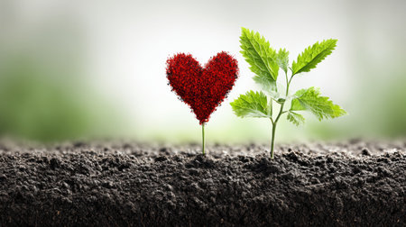 A vibrant heart-shaped growth emerges from rich soil alongside a green plant in a sunny environment, representing growth and well-being.の素材