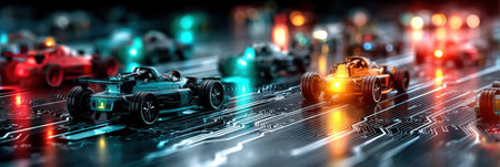 Robotic cars speed through a futuristic digital world filled with energizing glowing circuits, showcasing an exhilarating race under neon lights.の素材