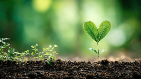A heart-shaped leaf emerges from rich soil, basking in sunlight, symbolizing vitality, growth, and the nurturing of life in a lush environment.の素材