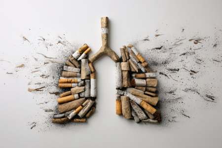 Abstract depiction of lungs crafted from cigarette butts and ash highlights the detrimental effects of smoking, invoking thoughts on health and decay.の素材
